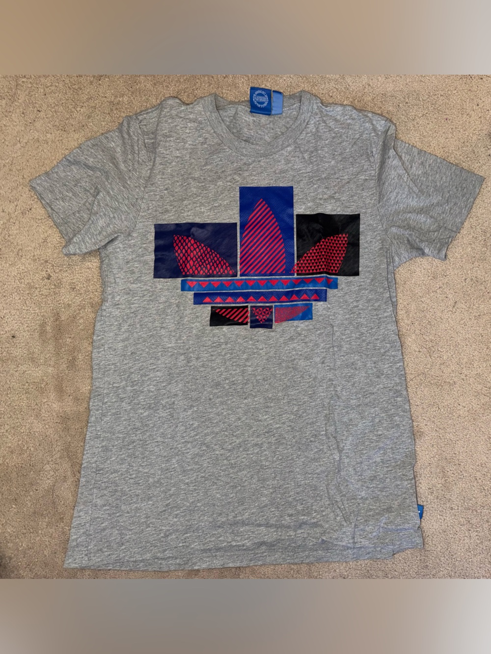 men’s adidas Gray Tee with Blue Logo Tag